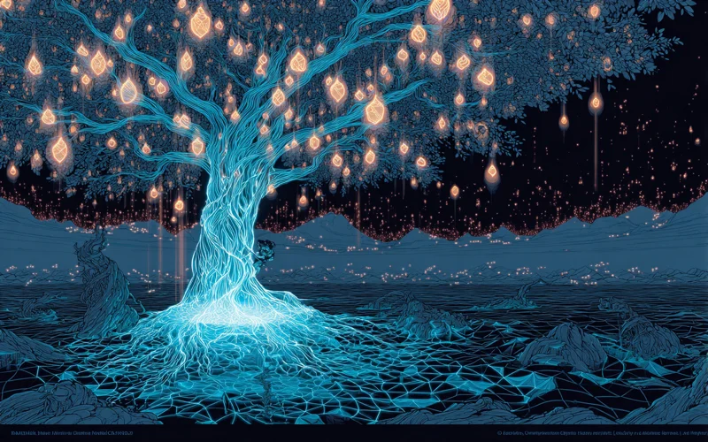 A single seed of light growing into a vast tree of interconnected nodes