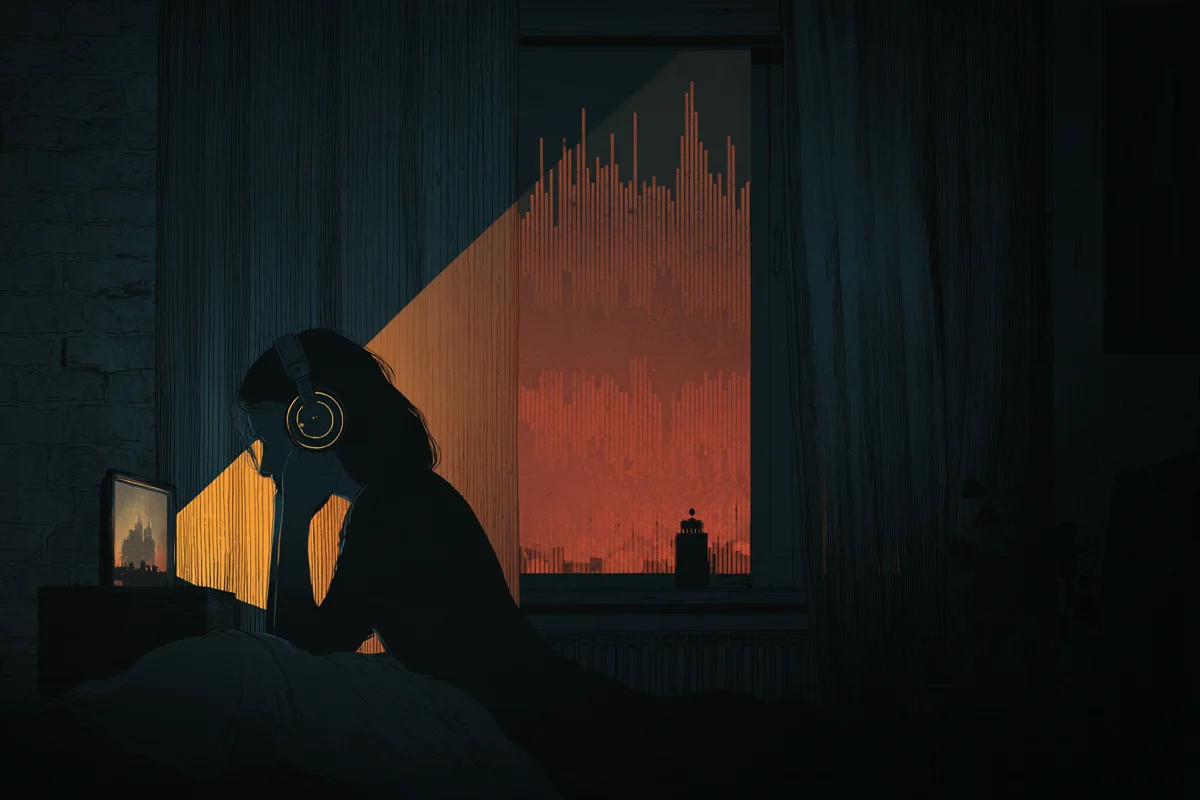 A solitary listener in a dark room, headphones on, screen glowing — this is who we build for